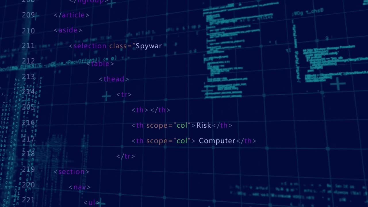 Animation of warning text, binary coding and data processing over grid
