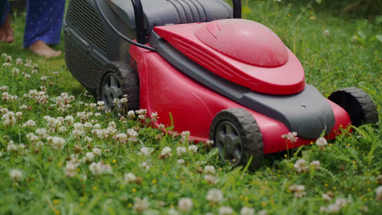 Lady riding as she mows her lawn with her red lawn tractor mower and cutting the green grass. She will continue to ride her lawn mower till she's done mowing the grass.