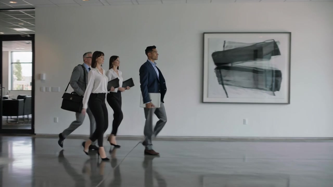 Équipe en blazers marchant dans un couloir de bureau alors qu'une porte s'ouvre, se dirigeant vers une réunion avec un ordinateur portable.
