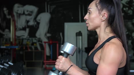a brunette works out in the gym, she lifts dumbbells while sitting in front of a mirror. female fitness indoors in a fitness center