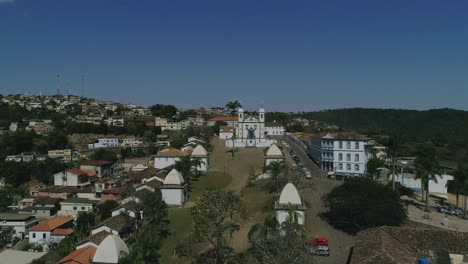 Aerial-footage-approaching-a-historical-church-in-Minas-Gerais,-Brazil,-Aleijadinho-art