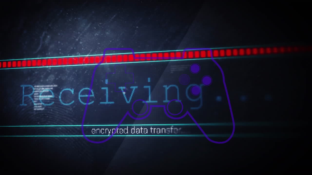 Animation of game controller with encrypted data transfer on digital background