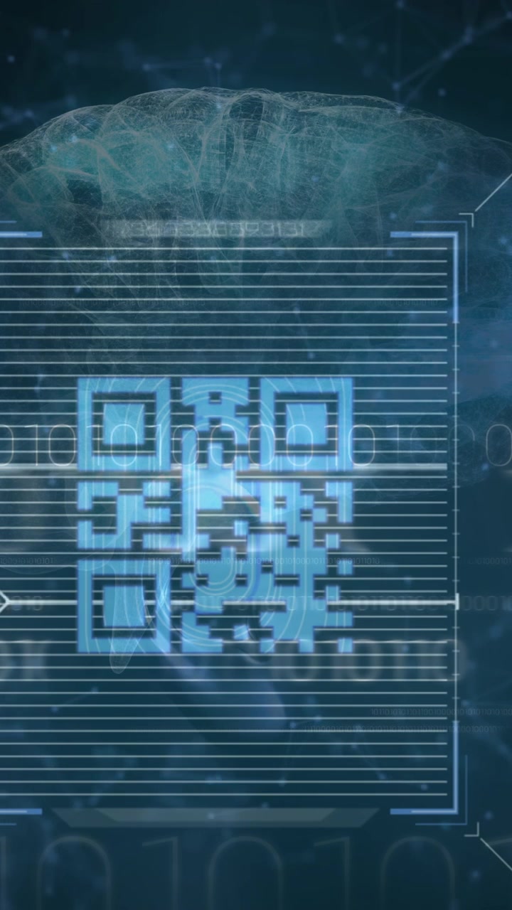Animation of qr code over binary code and human head model