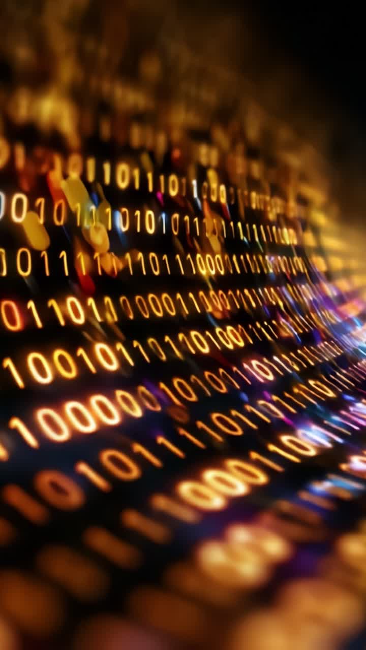 Ondas digitales cautivadoras de código binario que representan la transmisión de datos y el procesamiento de información en una impresionante presentación visual de colores y luz