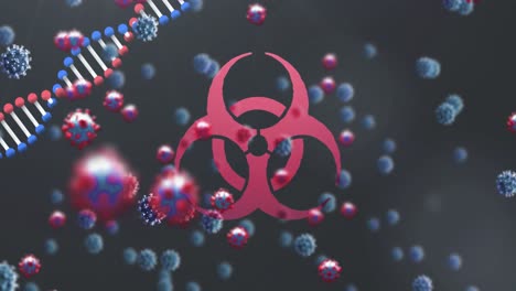 Animation-of-virus-cells-over-dna,-biohazard-symbol-and-black-background