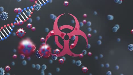 animación de las células del virus sobre el adn, el símbolo de riesgo biológico y el fondo negro