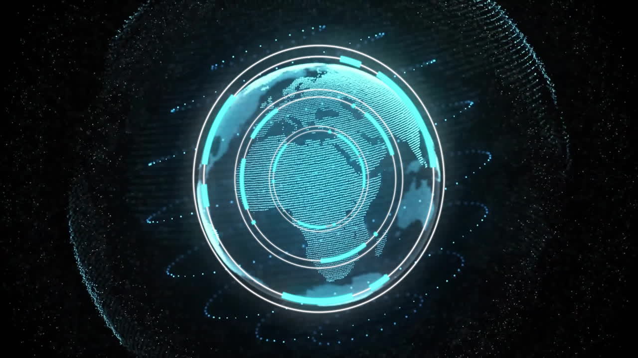 Rotating globe and circular interface elements, futuristic data visualization animation