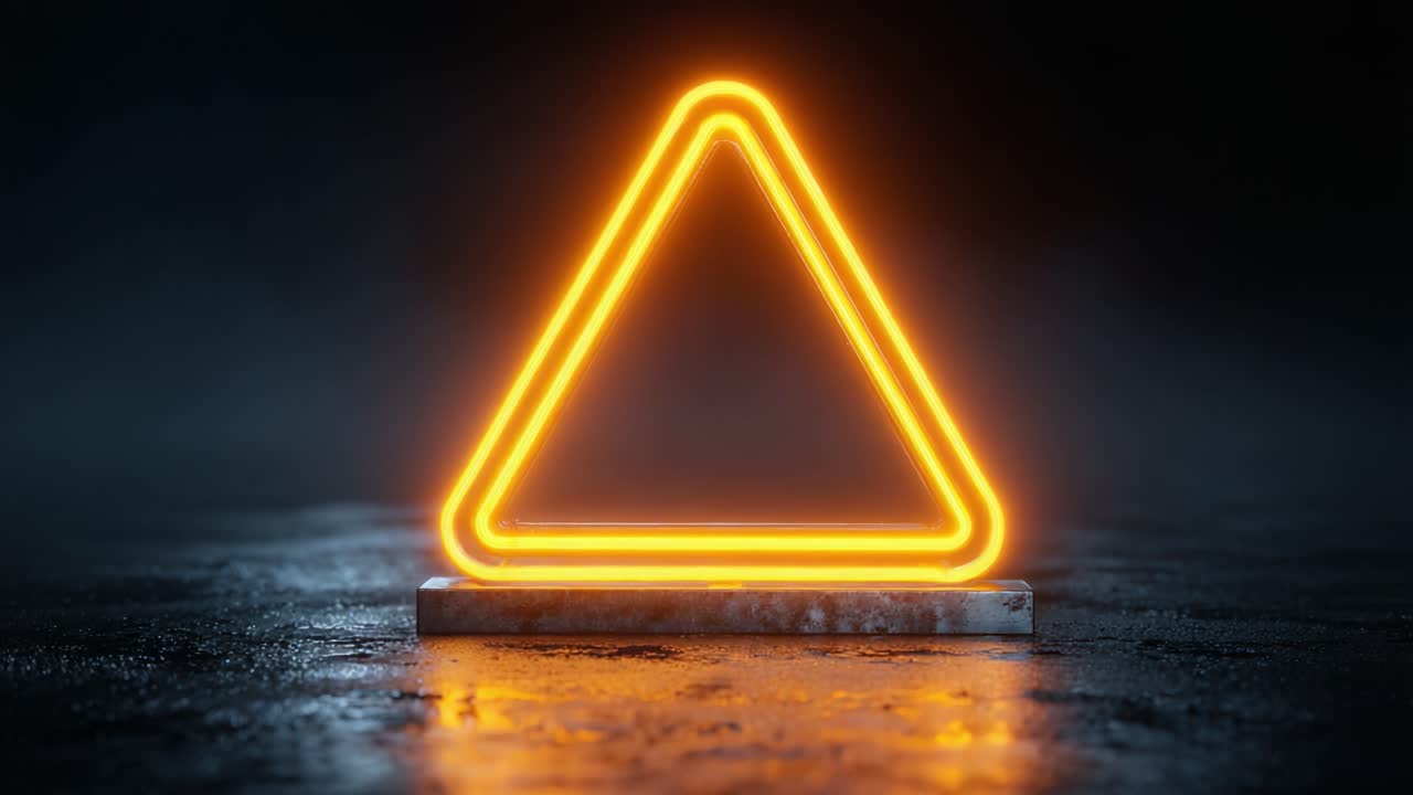 Illuminated Orange Triangular Sign Against a Dark, Mysterious Background: Captivating Visual of a Glowing Warning Symbol on a Wet Surface