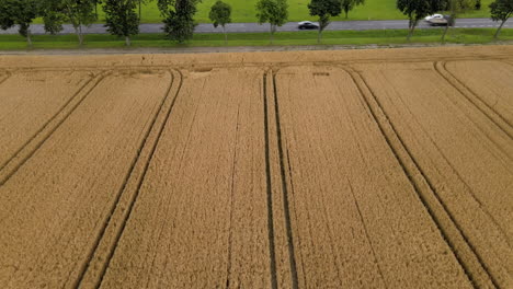 Luft-über-Den-Schönen-Goldfarbenen-Abgeernteten-Feldern-Neben-Der-Belebten-Landstraße