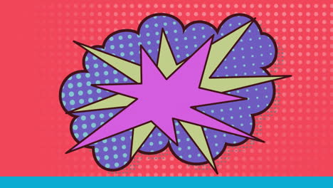 animation of two pink and yellow stars on a purple cartoon bubble on a red background