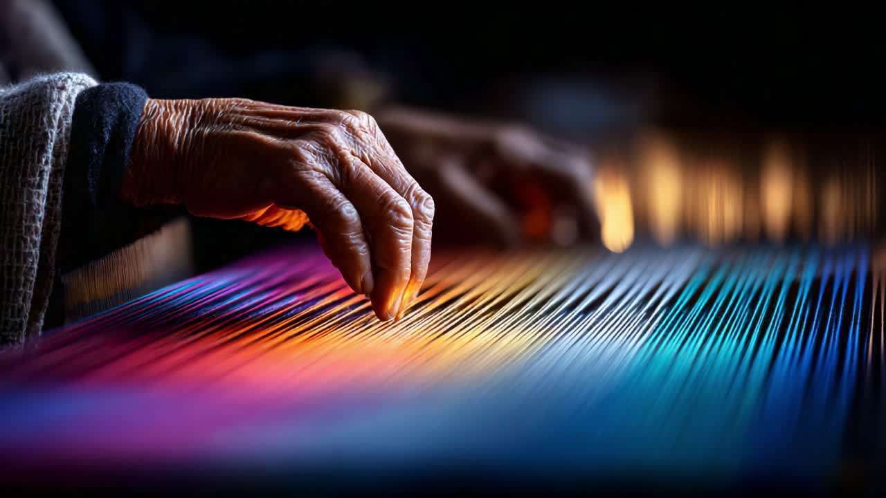 Artisan Weaving Technique Captured in Two Frames: A Close-up of Skilled Hands Skillfully Arranging Colorful Threads on a Loom, Showcasing the Beauty of Textile Craftsmanship
