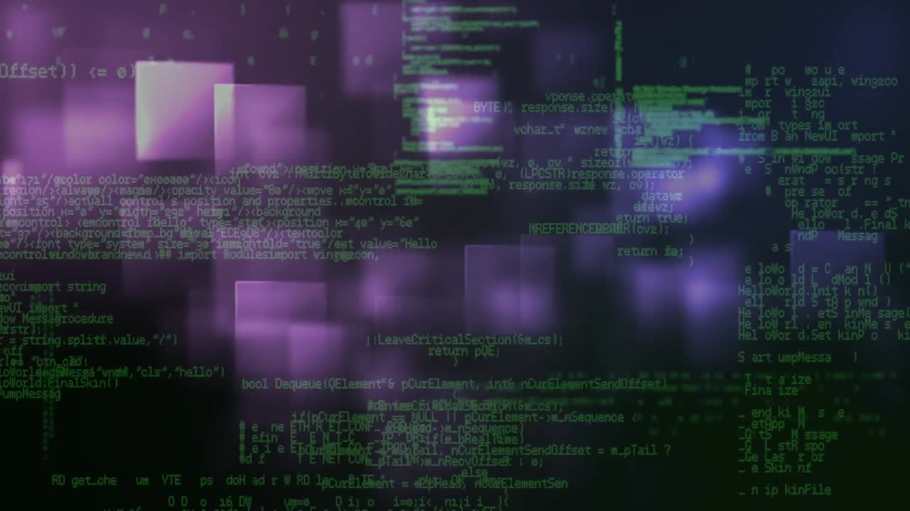 Animation of data processing over purple squares in background