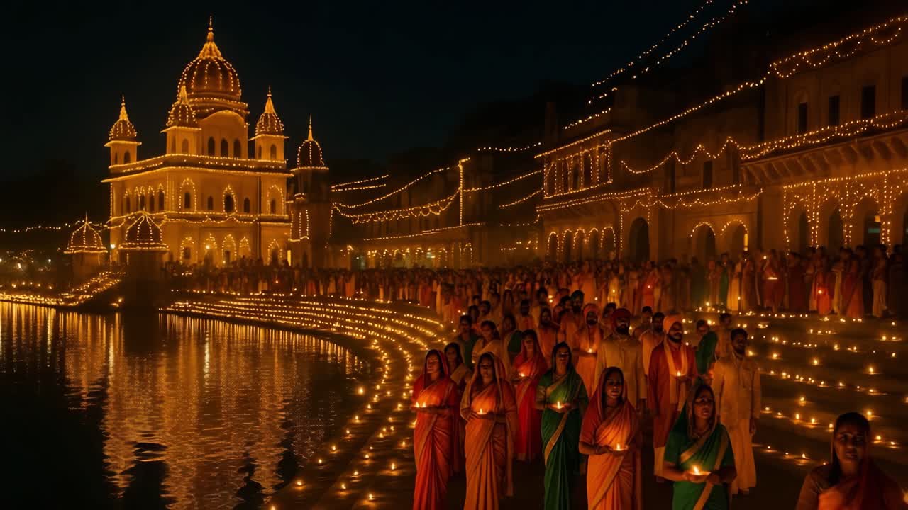 Individuals dressed in colorful traditional garments engage in a ceremonial procession by the water, surrounded by glowing candles and festive decorations, enhancing the enchanting ambiance