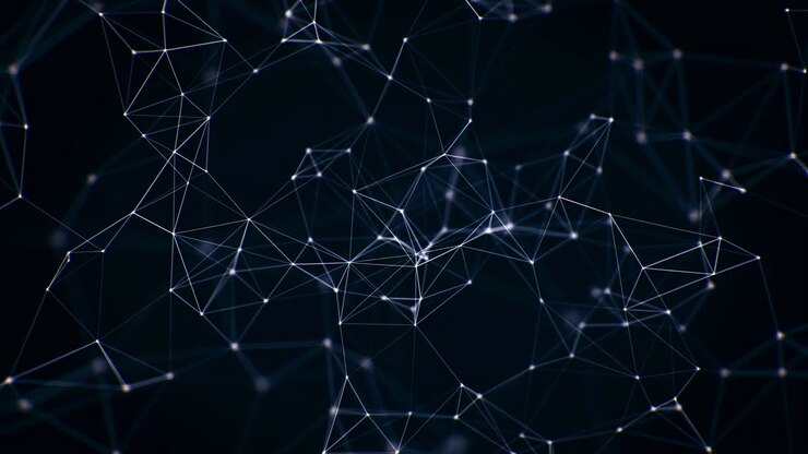 Rete Scura di Nodi Luminosi e Linee di Connessione, Rete Neurale Astratta che Pulsa in uno Spazio Blu-Nero Profondo e Sottile