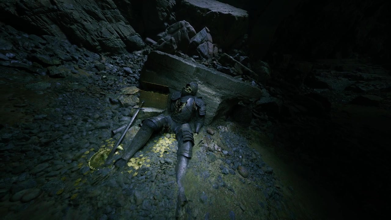 Lone armored individual resting peacefully within ancient hidden caves