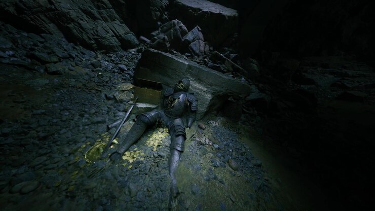Lone armored individual resting peacefully within ancient hidden caves