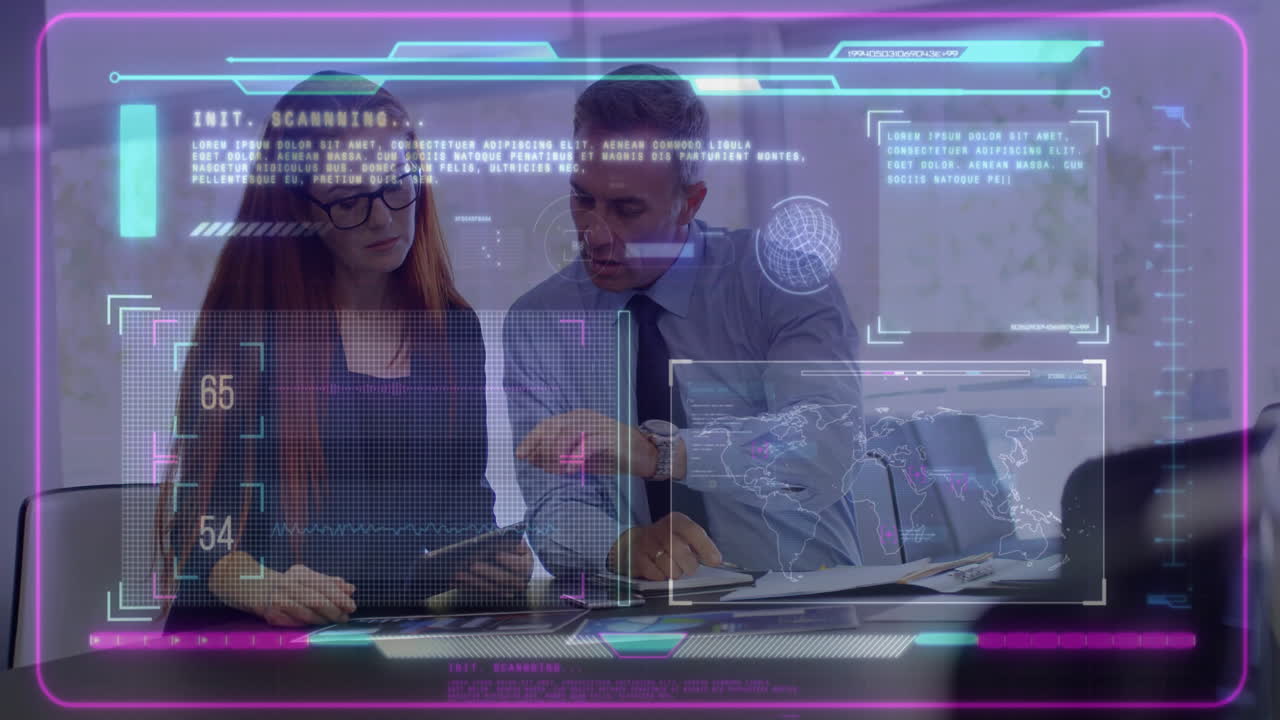 Reviewing documents, business professionals analyze digital data with global map overlay