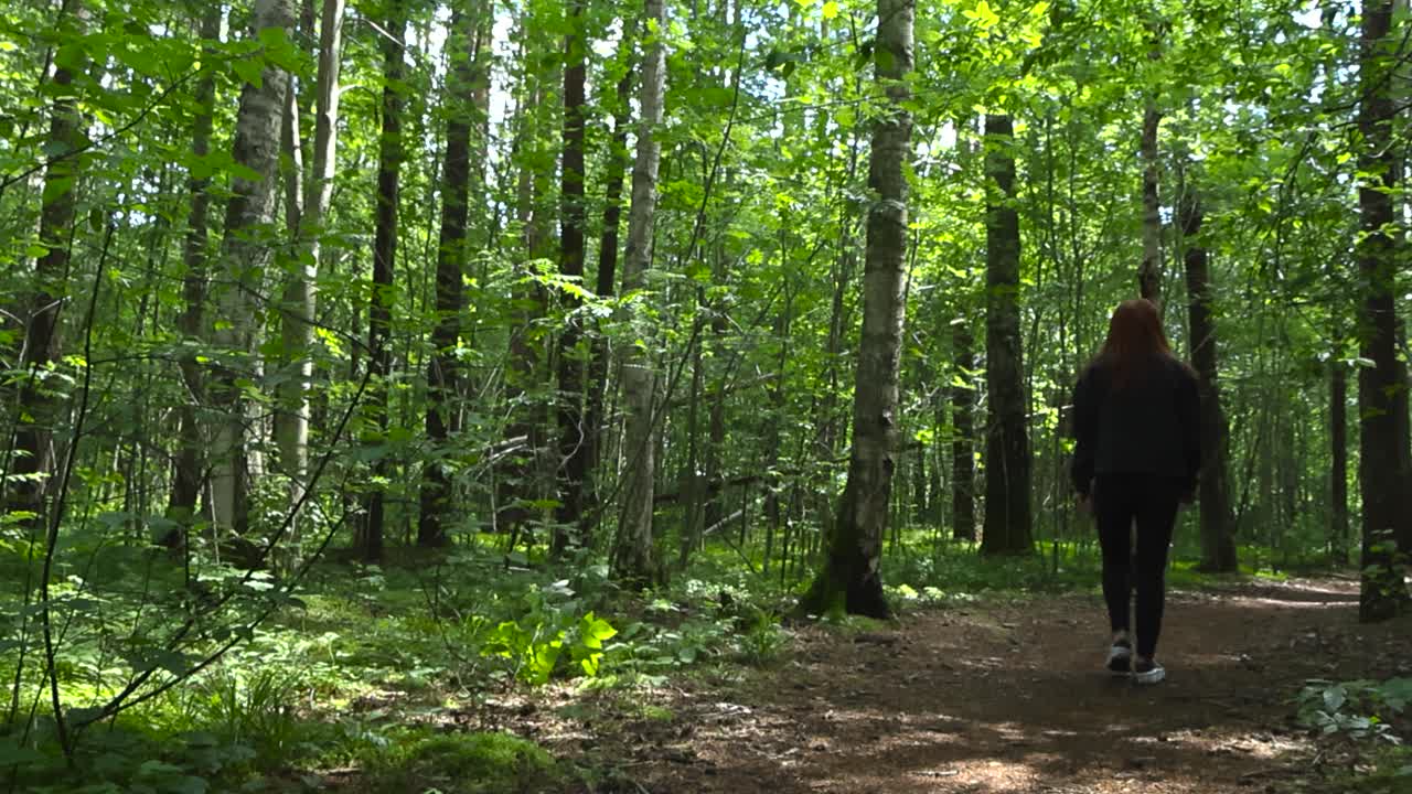 Gorgeous smooth slow motion footage of a woman with red hair and black clothing walking into the distance and away in a sunny green forest on a muddy pine needles covered road during summer warm day.