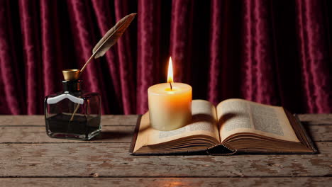 old book, candle, and inkwell