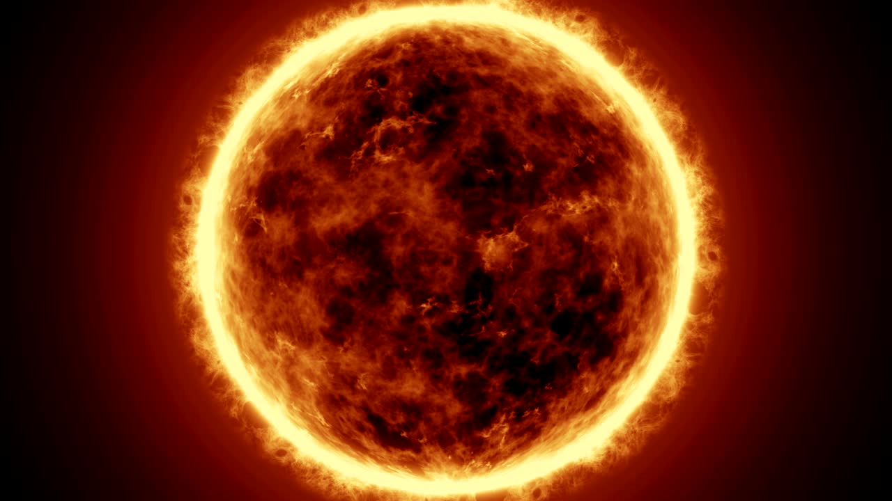 4K Realistic Sun surface with solar flares, Burning of the sun isolated on black with space for your text or logo. Motion graphic and animation background.
