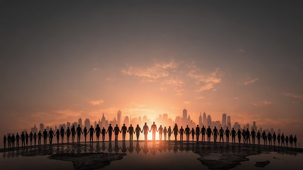 Unity and Hope: A Diverse Group of Silhouetted Individuals Holding Hands Against a Beautiful Sunrise Over a City Skyline Symbolizing Togetherness and Community Spirit