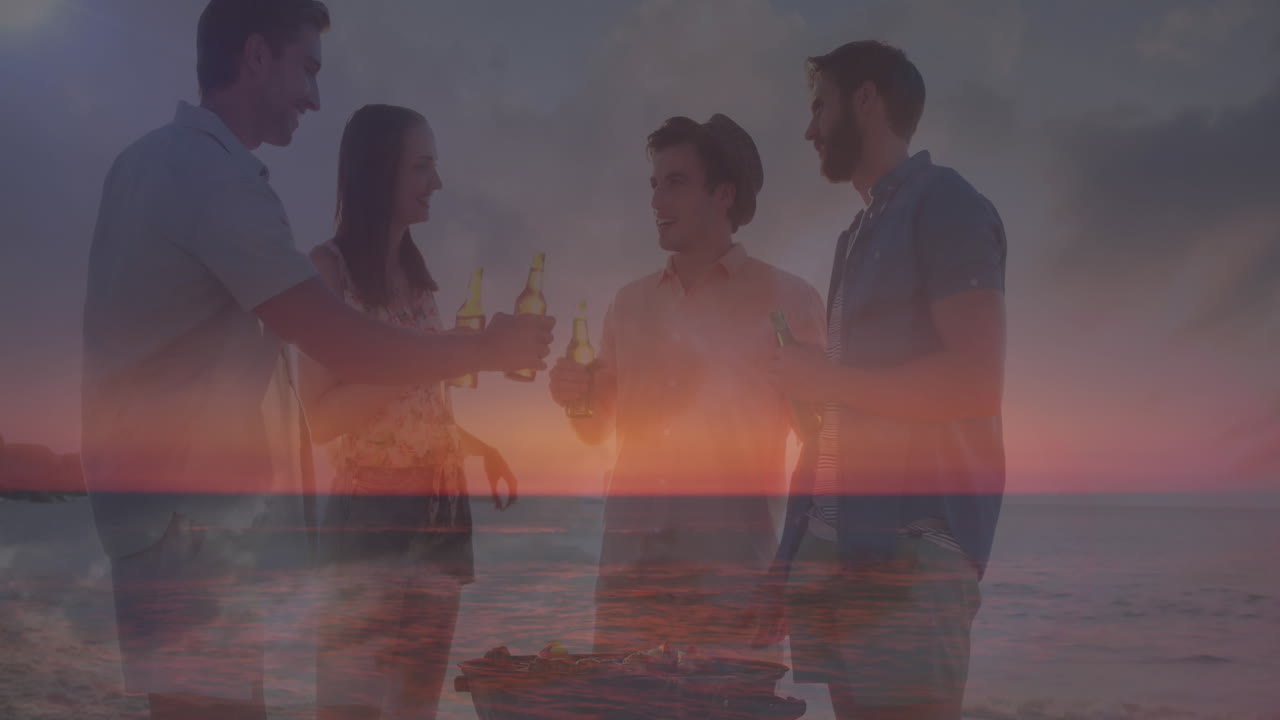 행복한 백인 친구들이 해가 지는 동안 맥주와 해변을 마시고 있는 미국 발의 애니메이션