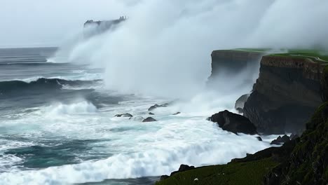 powerful ocean waves crash against rocky cliffs on a stormy day, creating a dramatic display of nature's force