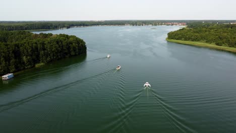 three motor boats driving on a lake next to a forest in brandenburg, germany