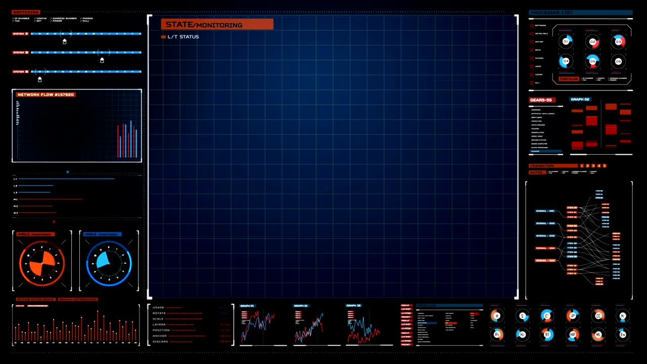 디지털 미래 디스플레이 인터페이스, 기술 그래프, 컴퓨터 운영 데이터 스크린, 4k 애니메이션 영화