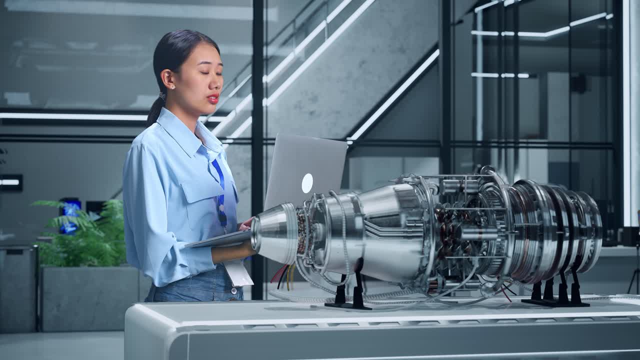 제트 엔진 디자인을 검토하는 여성 엔지니어