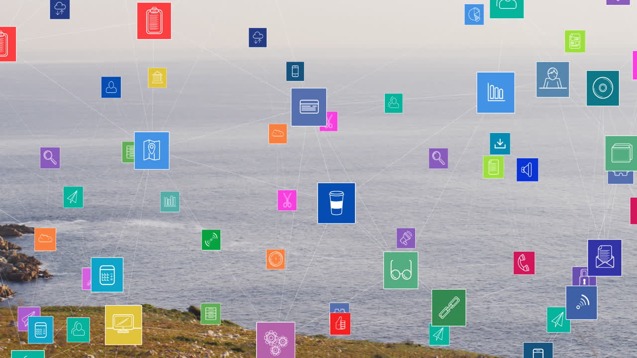 animación de iconos de las redes sociales sobre la costa y el paisaje marino