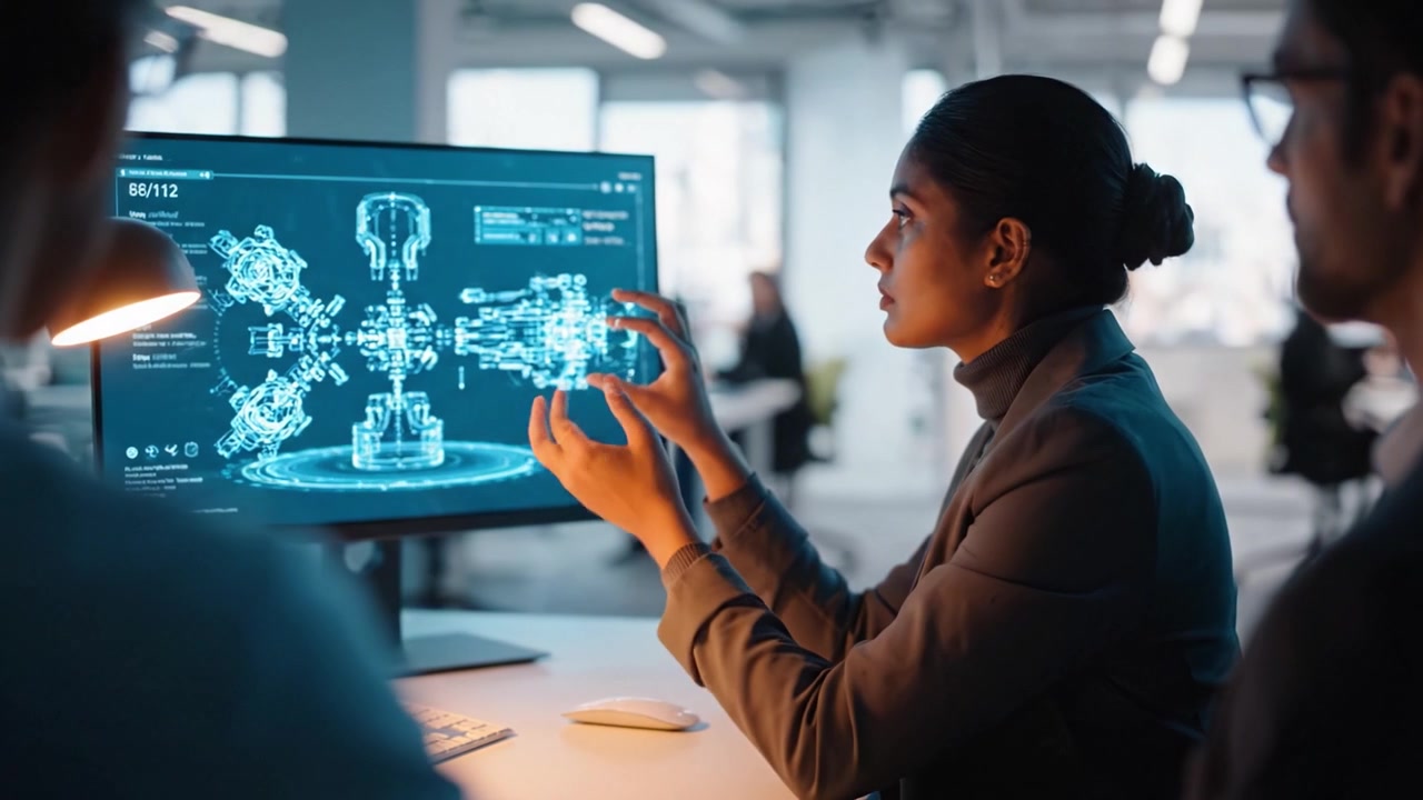 Focused Professional Discussing Innovative Technology Concepts in a Modern Office Environment, Illustrated with Digital Graphics and Collaboration Among Colleagues