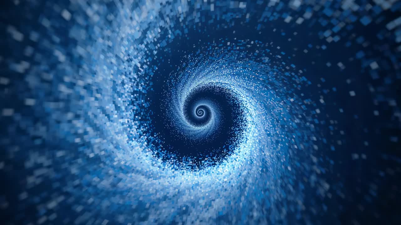 Spinning blue spiral tightening into bright core on navy backdrop, initiating inward pull of cubes