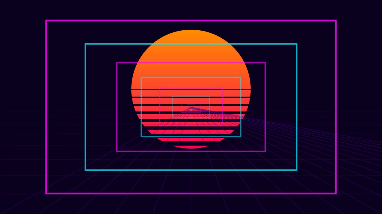 Túnel Estilo Retro Synthwave com Sol Radiante e Grade
