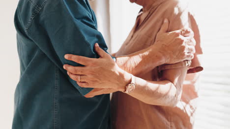 hands, home or elderly couple slow dancing