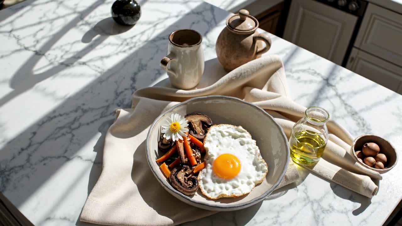Healthy and delicious breakfast consisting of a fried egg, sauteed mushrooms and carrots, served on a marble kitchen table bathed in sunlight, creating a warm and inviting atmosphere