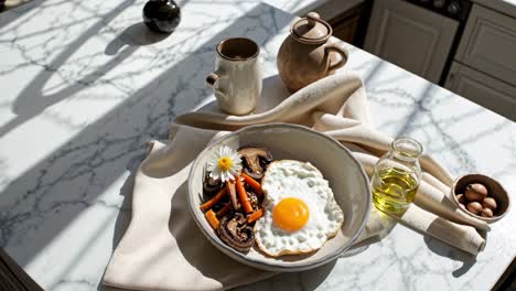 healthy and delicious breakfast consisting of a fried egg, sauteed mushrooms and carrots, served on a marble kitchen table bathed in sunlight, creating a warm and inviting atmosphere