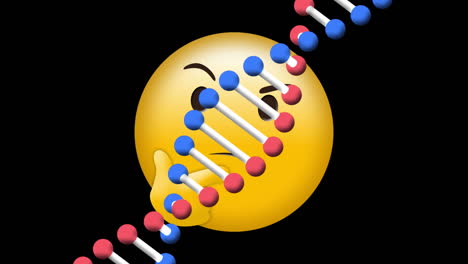 animación digital de la estructura del adn girando sobre el pensamiento emoji de la cara contra un fondo negro