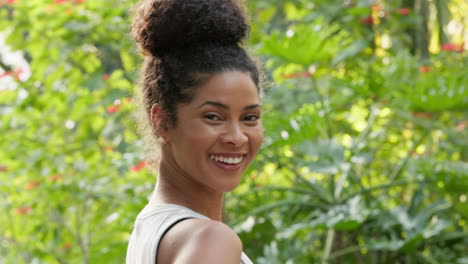 woman, nature and turn around portrait with smile