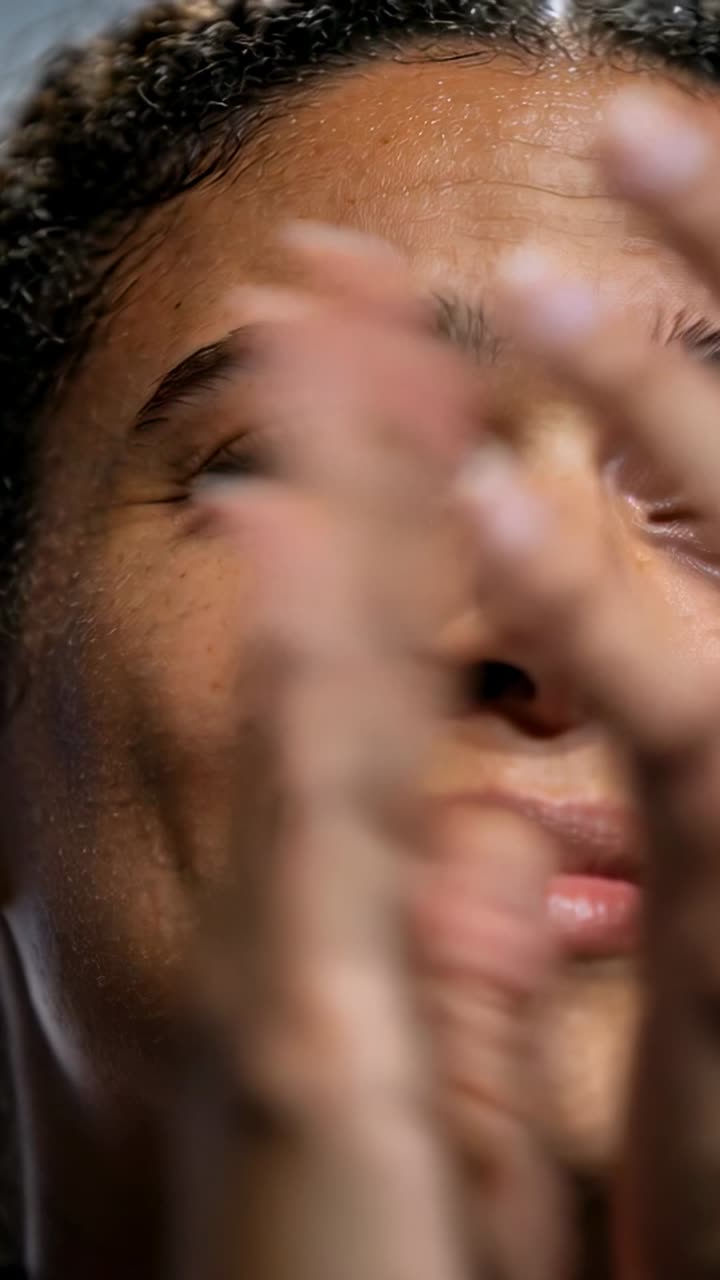 Vertical video: Feeling emotion rising, woman bringing hands to face in studio with tears and ring