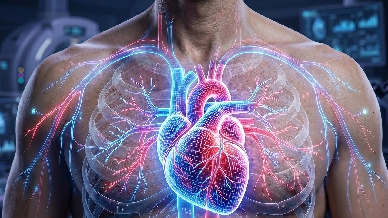 Visualización de la anatomía circulatoria completa de la parte superior del cuerpo con red vascular transparente