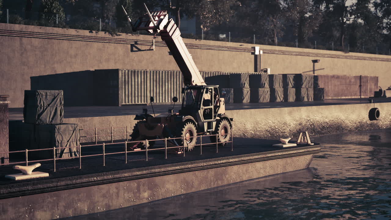 포크리프트 크레인이 도크에 있는 배에 화물을 실고 있다