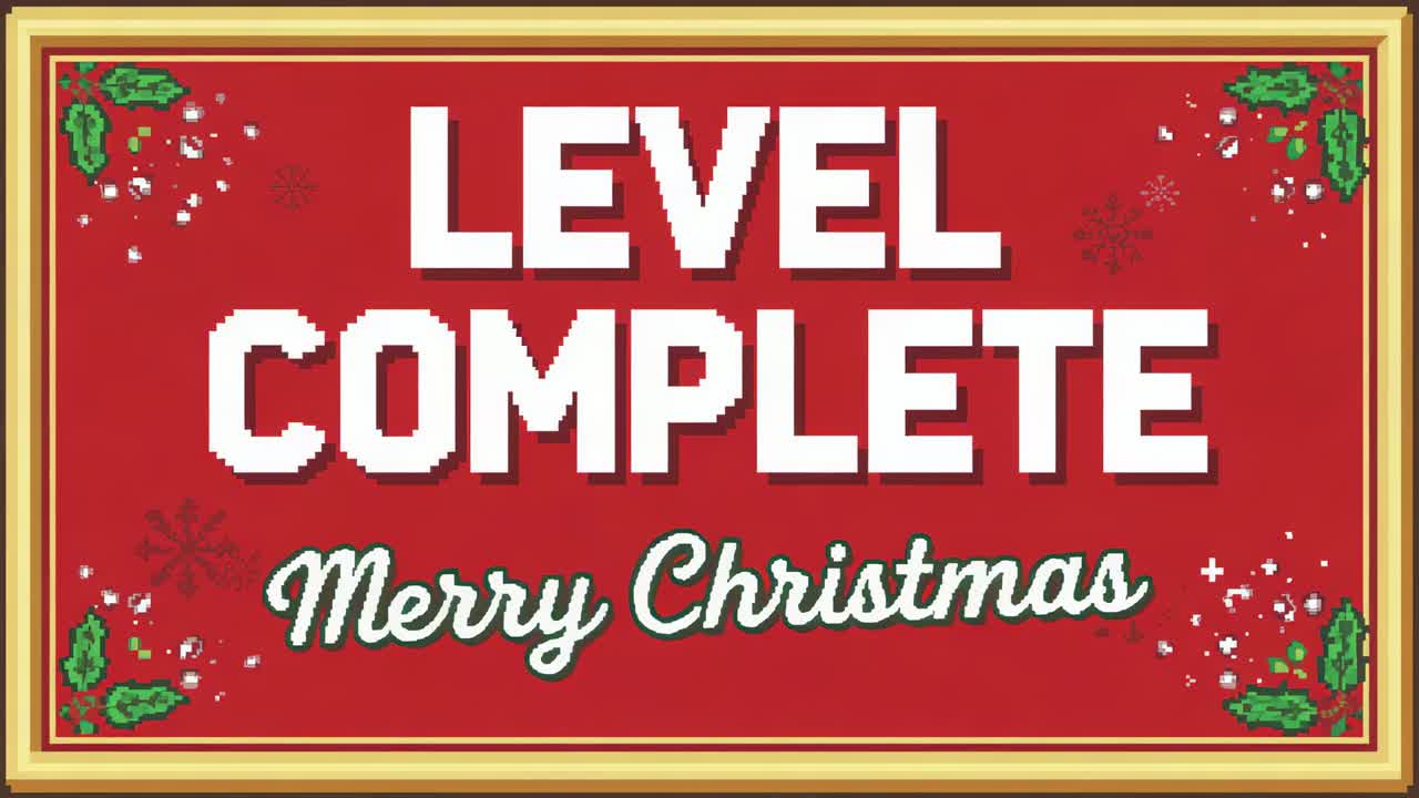Animating red sign on dark background showing LEVEL COMPLETE, Merry Christmas on start sparkling