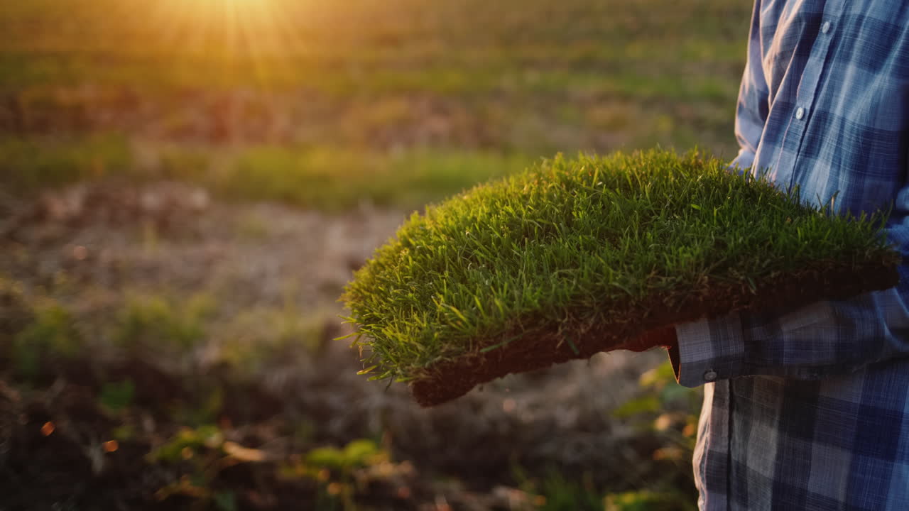한 남자가 녹색 잔디가 자라는  ⁇ 을 들고 있습니다. 생태학과 자연에 대한 존중 개념. 4k 비디오