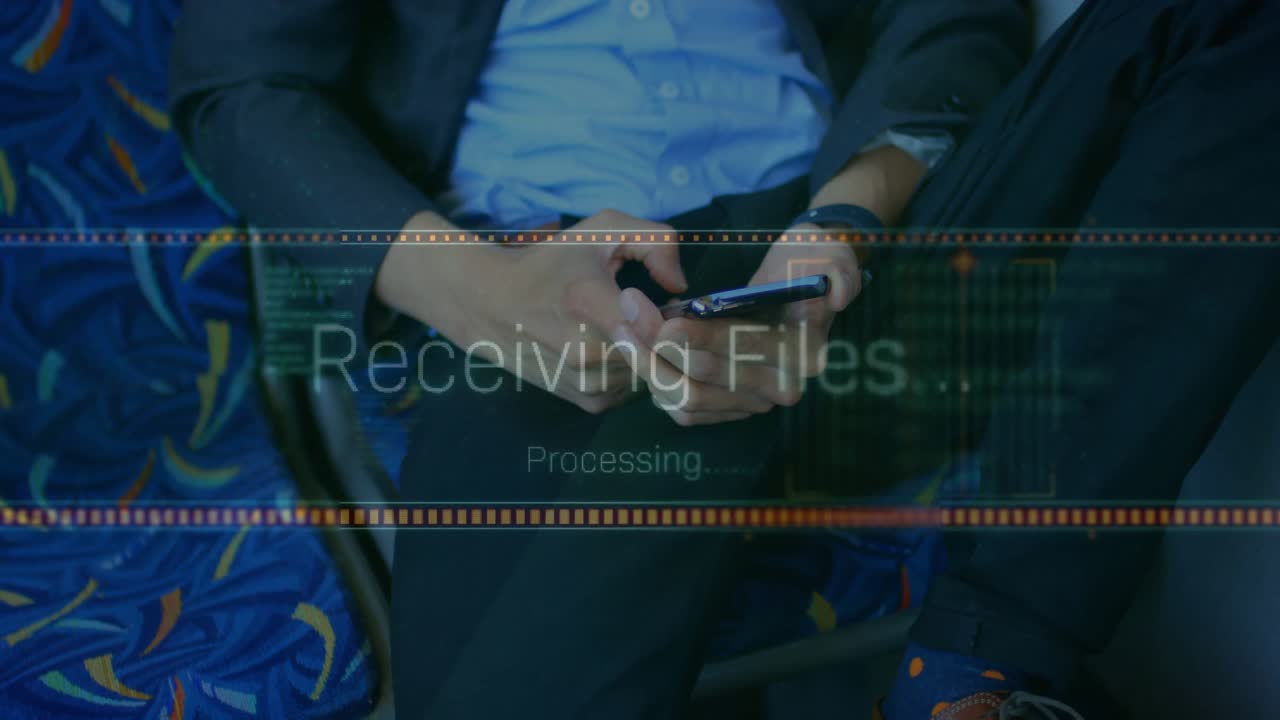Boarding bus sparking professional tapping smartphone, showing download progress bar fading