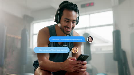 chat, music or happy man in gym with a phone