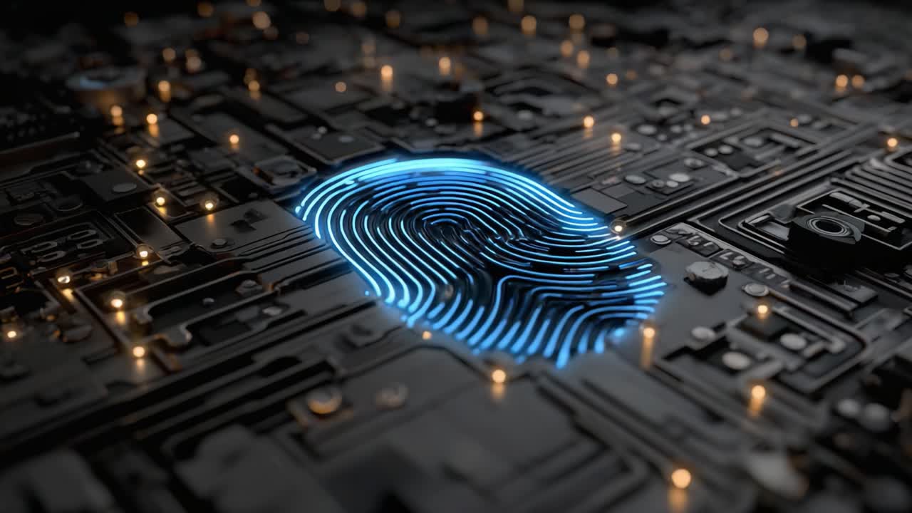 Exploring the Intersection of Technology and Security: A Close-Up of a Digital Fingerprint on a Circuit Board Representing Biometrics and Digital Identity