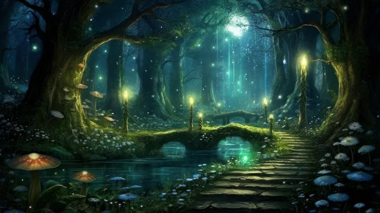 A magical forest scene with glowing lights, viewed from a low angle