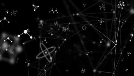 animación de moléculas con conexiones y procesamiento de datos sobre un fondo oscuro