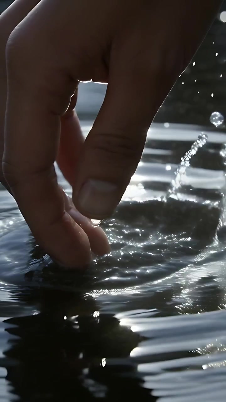 Vertical video: Hovering bare hand catching sun, forefinger brushing pond water to send ripples
